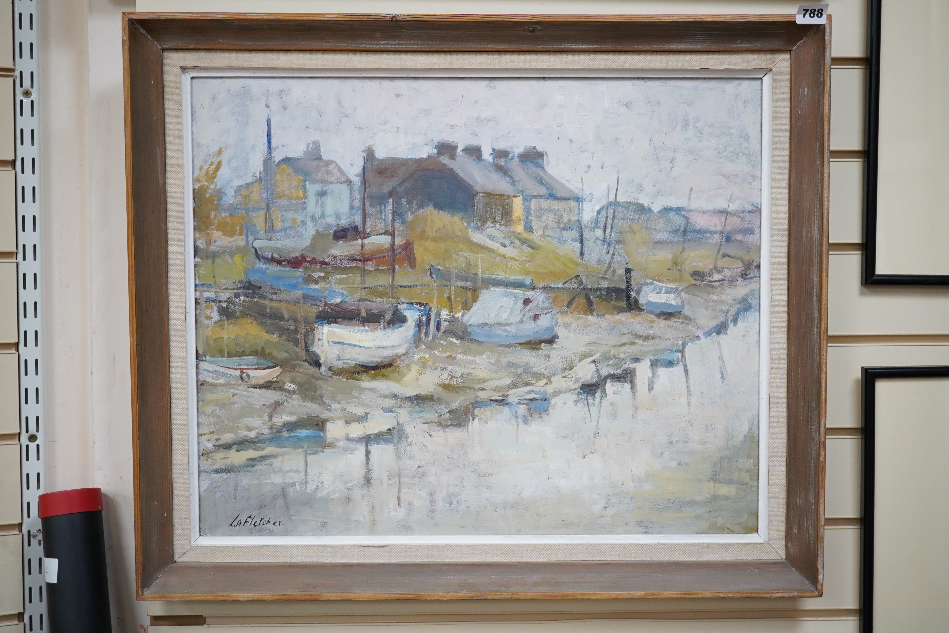 L A Fletcher, impressionist oil on board, Faversham Creek 1975, signed, 49 x 60cm. Condition - good